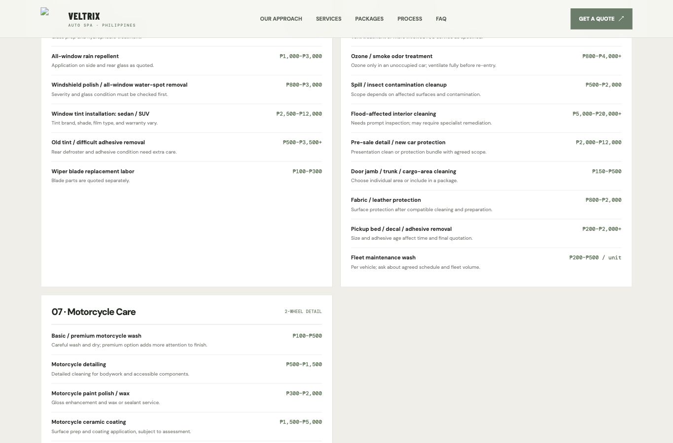 VELTRIX AUTO SPA website screenshot — 02 · HIGHLIGHTS