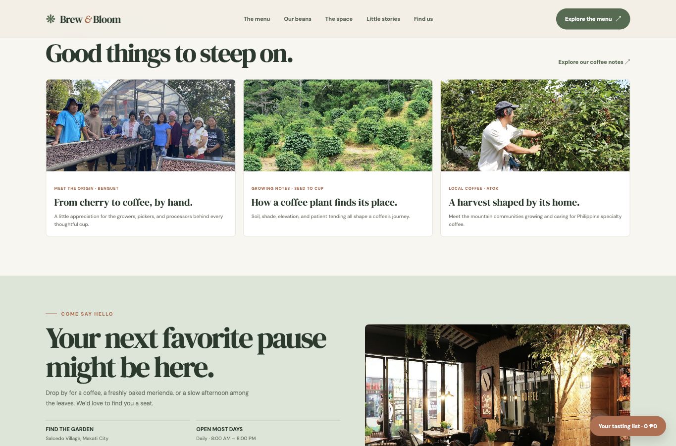 Brew & Bloom website screenshot — 03 · MORE TO EXPLORE