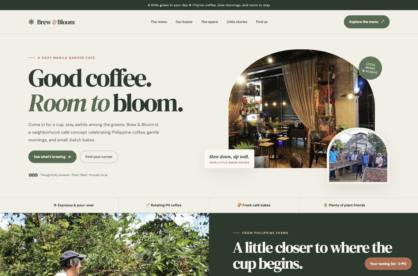 Brew & Bloom website screenshot — 01 · HERO