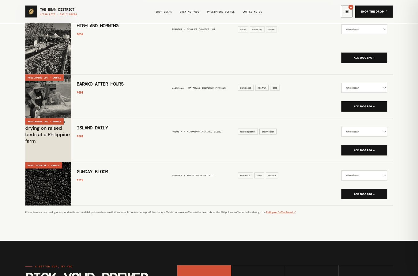 The Bean District website screenshot — 02 · HIGHLIGHTS